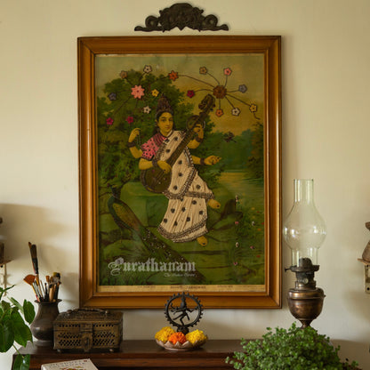 Saraswati by Ravi Varma - Oleograph Print - Embellished