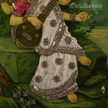Saraswati by Ravi Varma - Oleograph Print  - Embellished