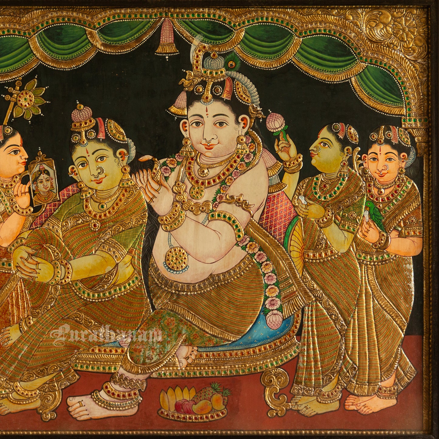 Radha Krishnan with Gopikas - Tanjore Painting