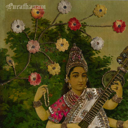 Saraswati by Ravi Varma - Oleograph Print  - Embellished