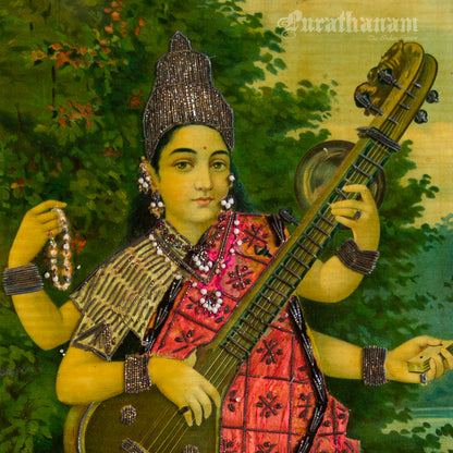 Saraswati - Oleograph Print (Ravi Varma) - Enbellished