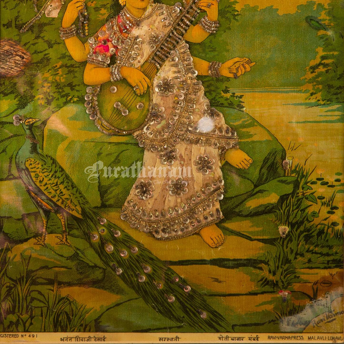 Saraswati  by Ravi Varma - Oleograph Print (Embellished)