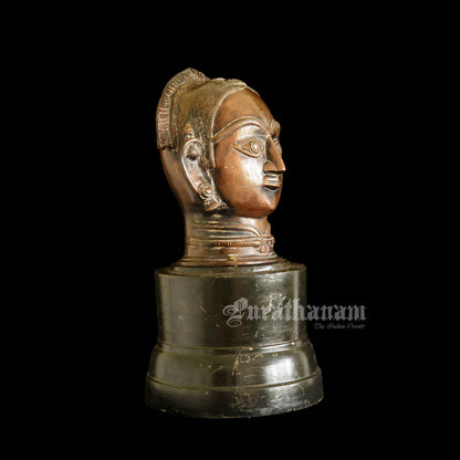 Gauri Head with Wooden Pedestal - Brass