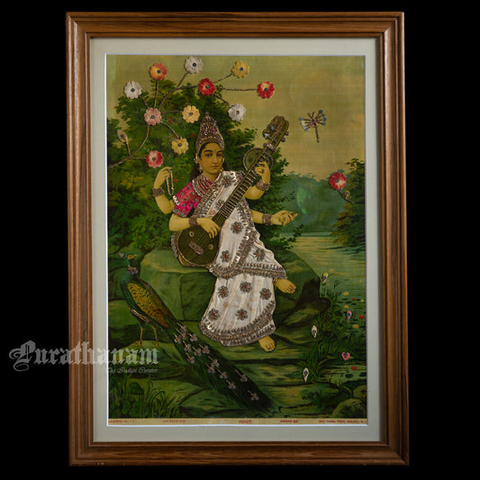 Saraswati by Ravi Varma - Oleograph Print  - Embellished