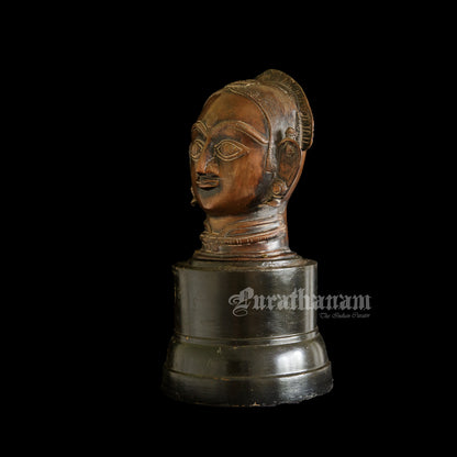 Gauri Head with Wooden Pedestal - Brass