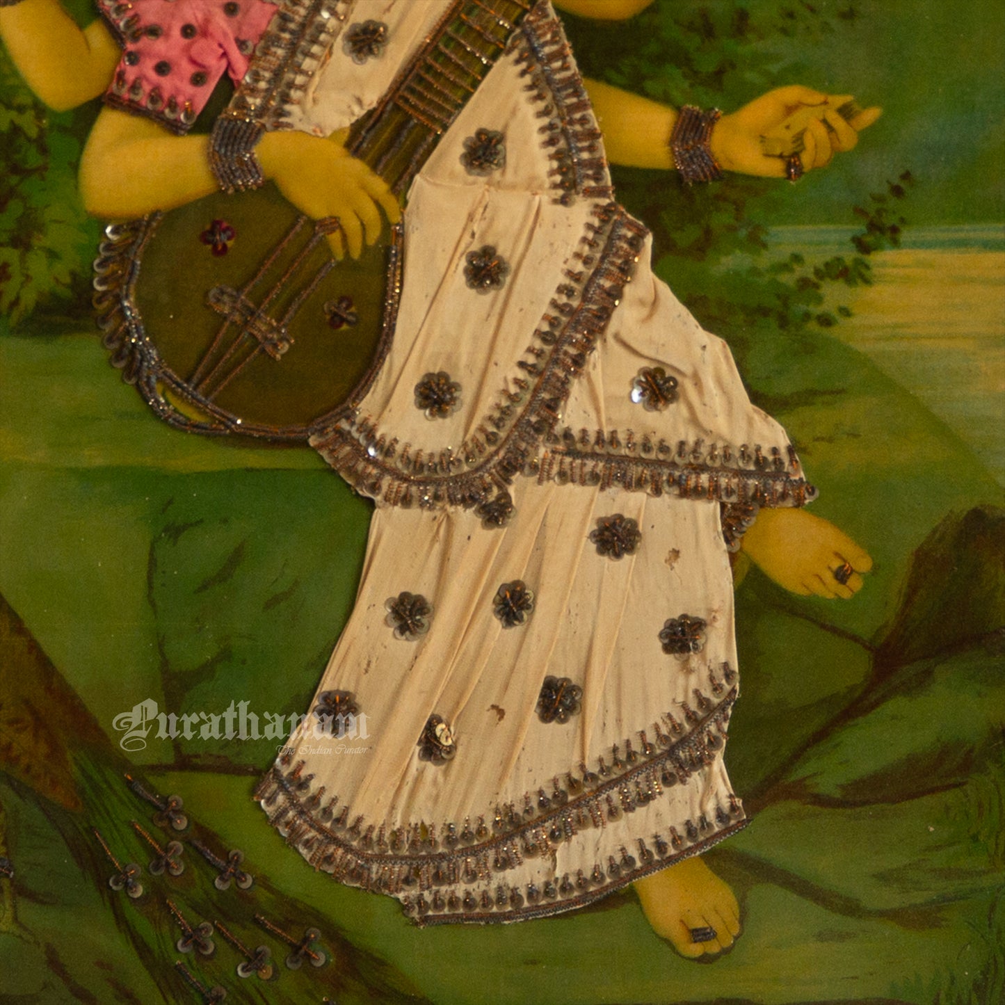 Saraswati by Ravi Varma - Oleograph Print - Embellished