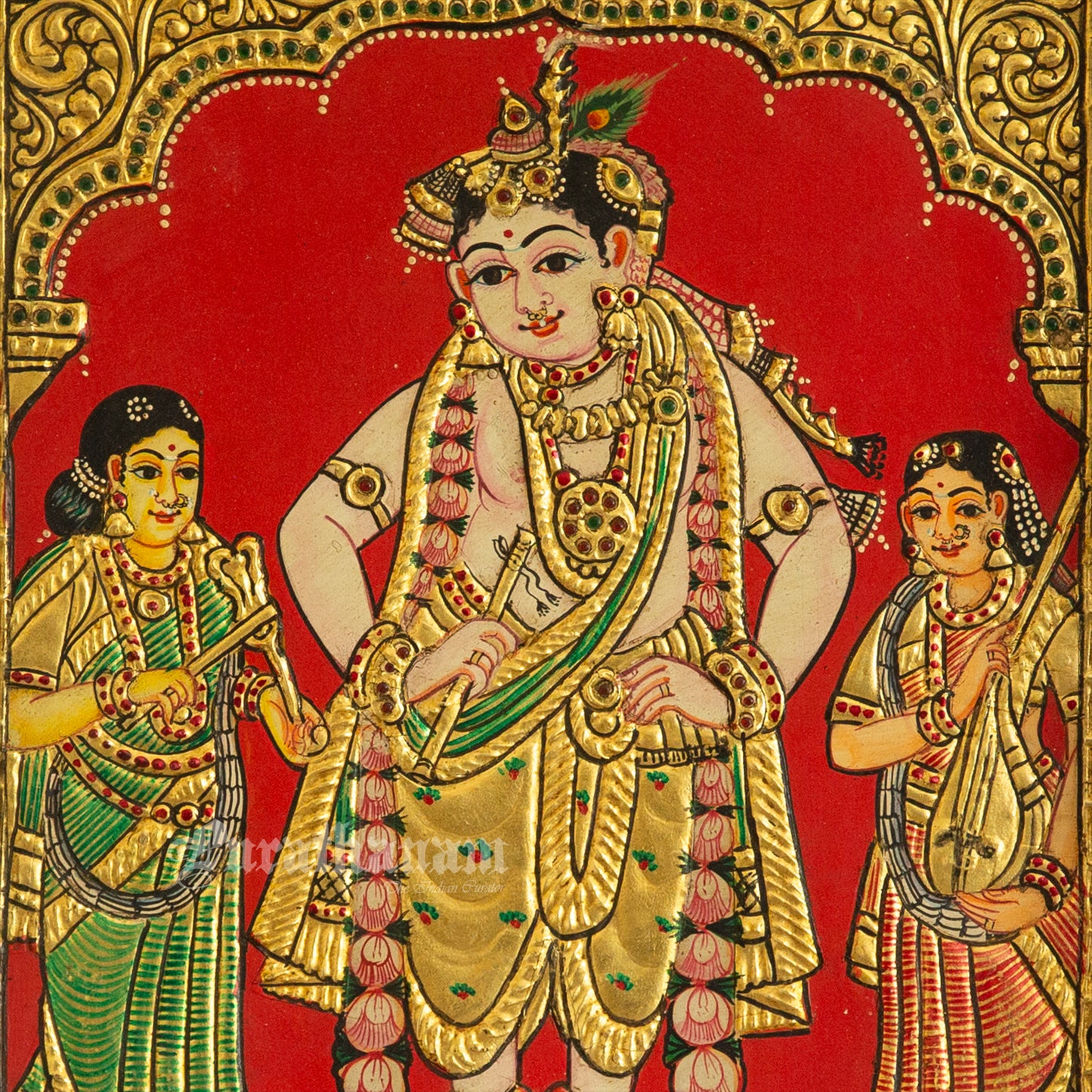 Krishna and his musical attendants - Tanjore Painting