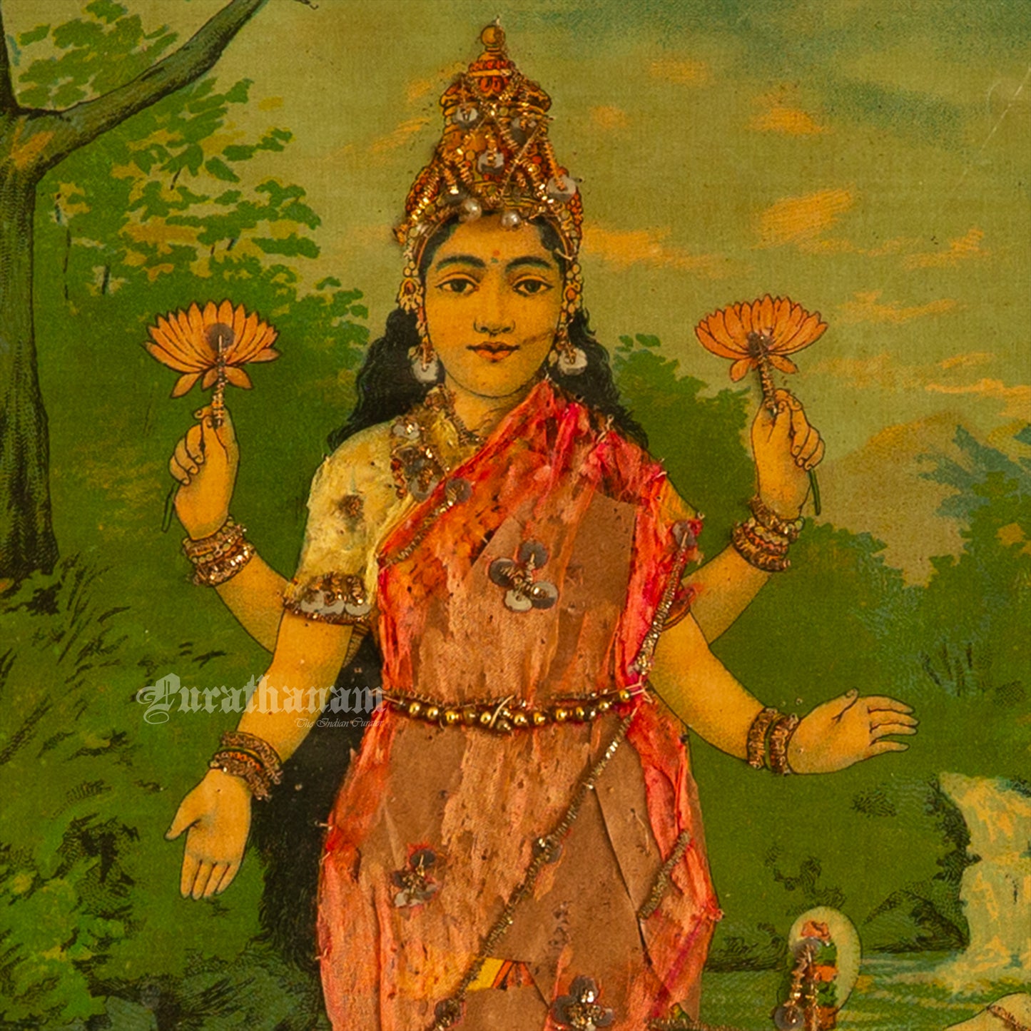 Lakshmi by Ravi Varma - Oleograph Print - Embellished