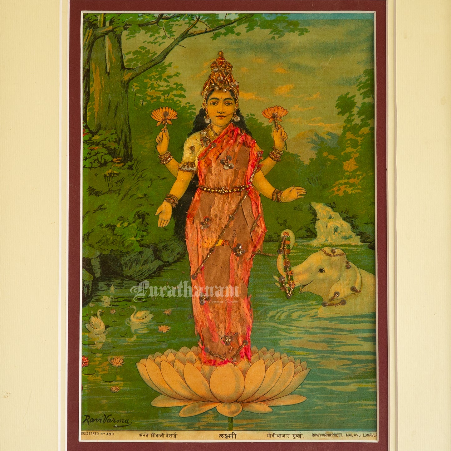 Lakshmi by Ravi Varma - Oleograph Print - Embellished