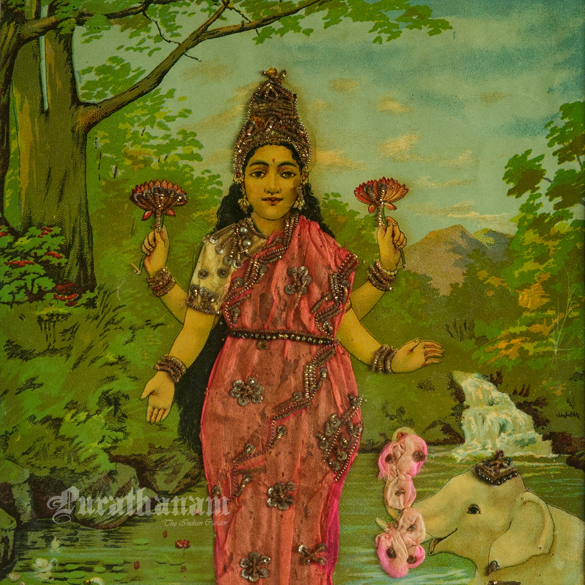 Lakshmi by Ravi Varma -  Oleograph Print Embellished