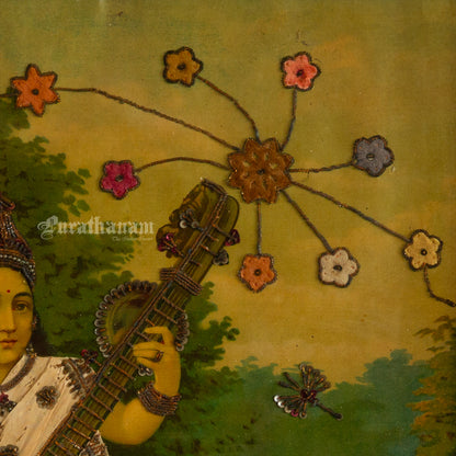 Saraswati by Ravi Varma - Oleograph Print - Embellished