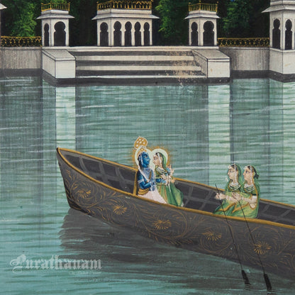 Radha Krishna  - Nauka Vihar (Boat ride) watercolor Painting by Khubiram Gopilal
