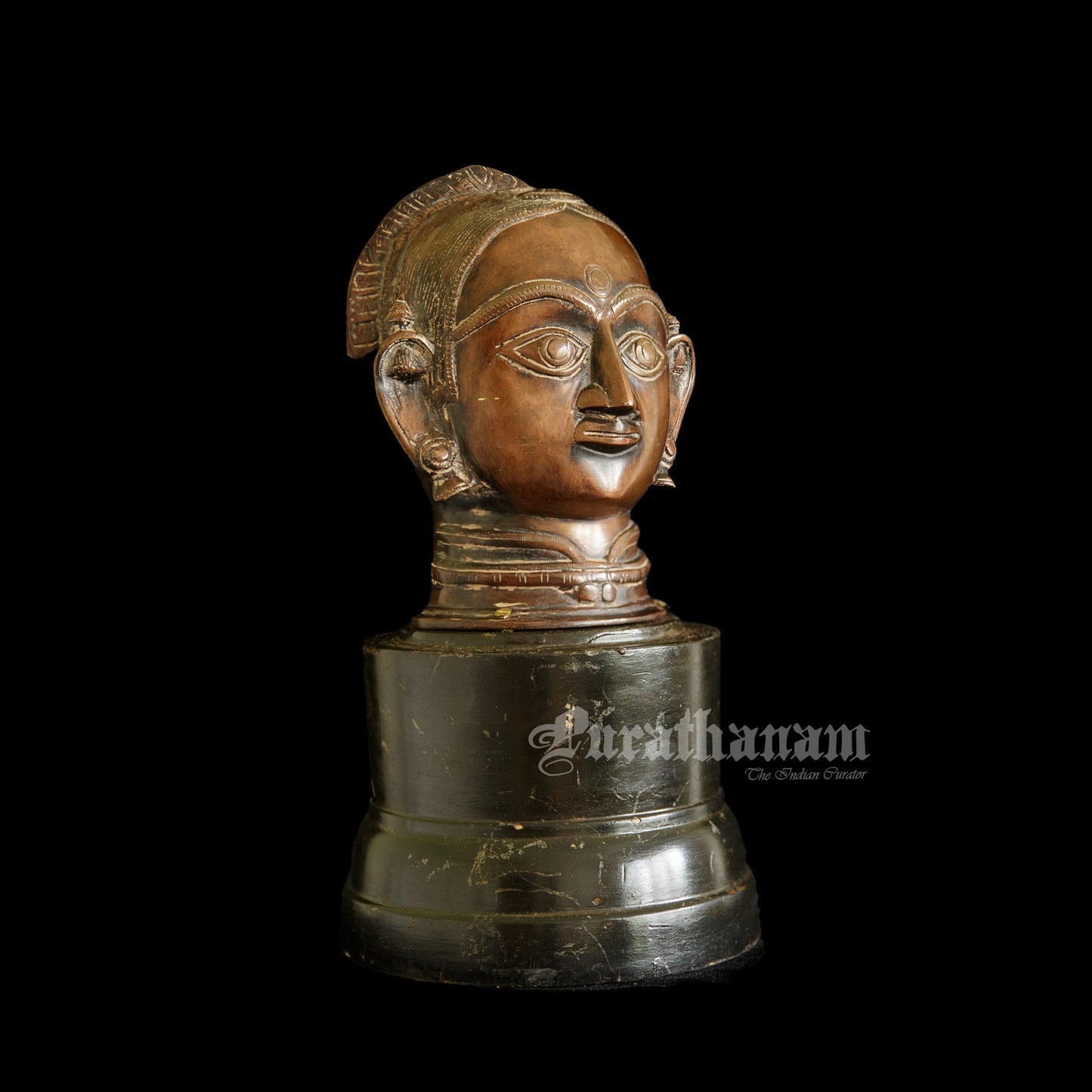 Gauri Head with Wooden Pedestal - Brass
