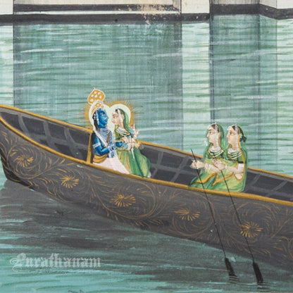 Radha Krishna  - Nauka Vihar (Boat ride) watercolor Painting by Khubiram Gopilal