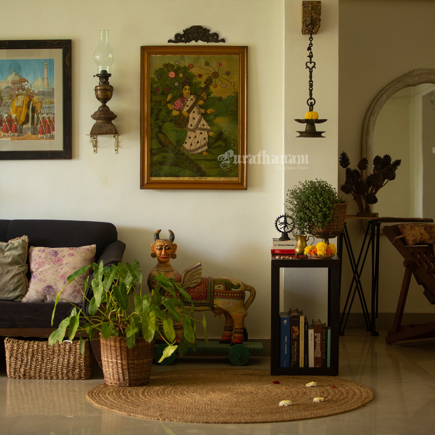 Saraswati by Ravi Varma - Oleograph Print - Embellished