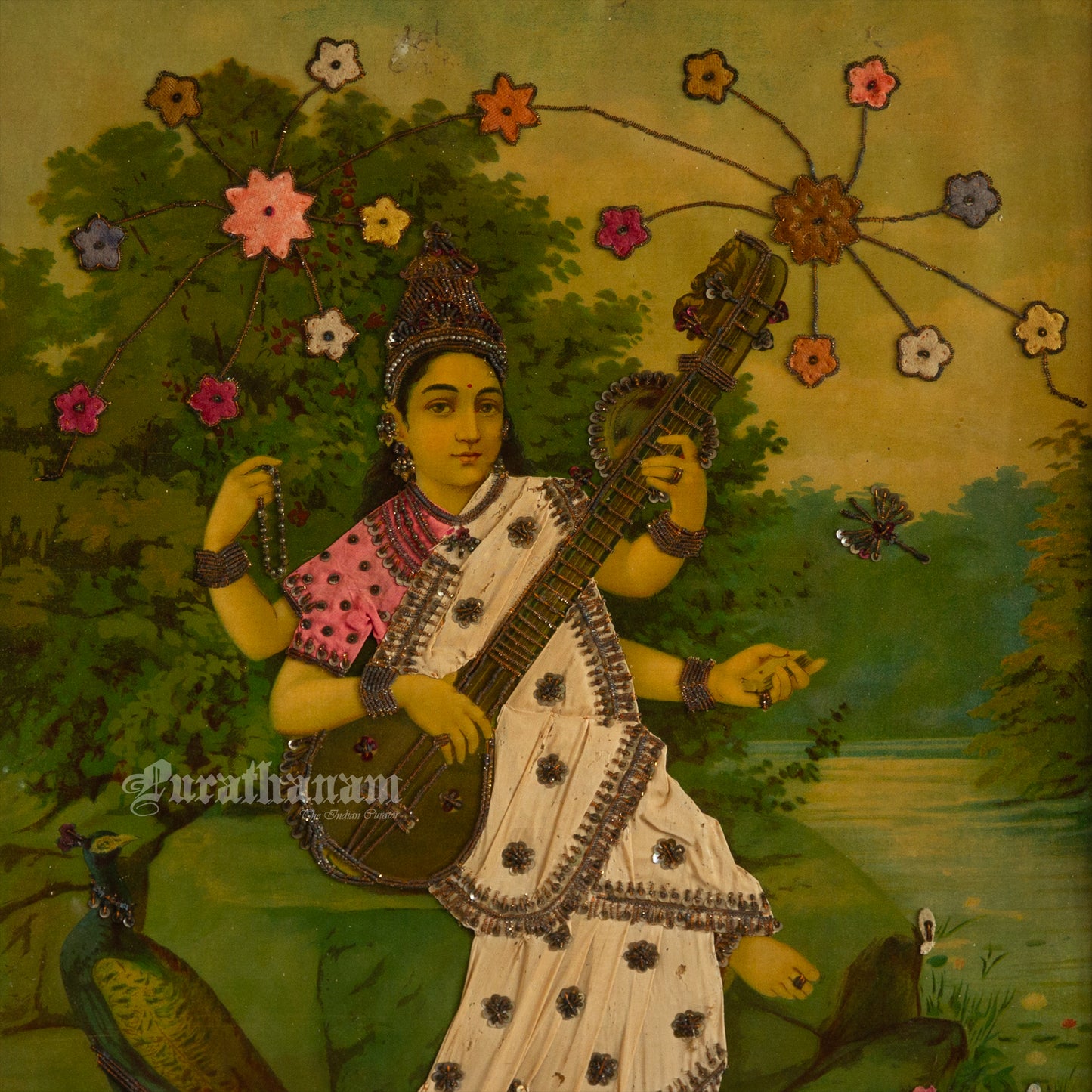 Saraswati by Ravi Varma - Oleograph Print - Embellished