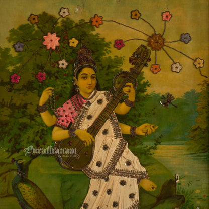 Saraswati by Ravi Varma - Oleograph Print - Embellished