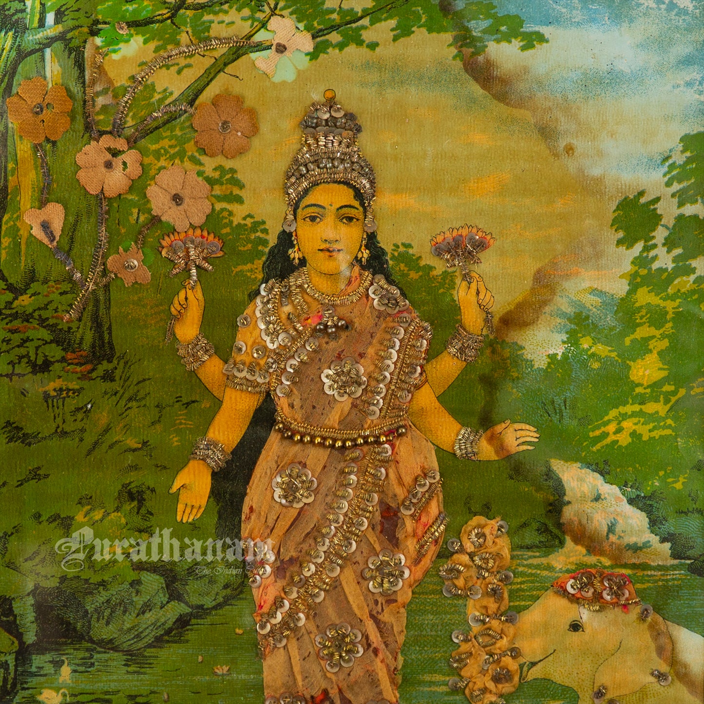 Lakshmi by Ravi Varma - Oleograph Print (Embellished)