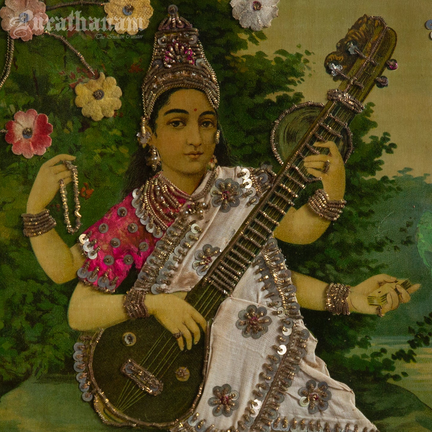 Saraswati by Ravi Varma - Oleograph Print  - Embellished