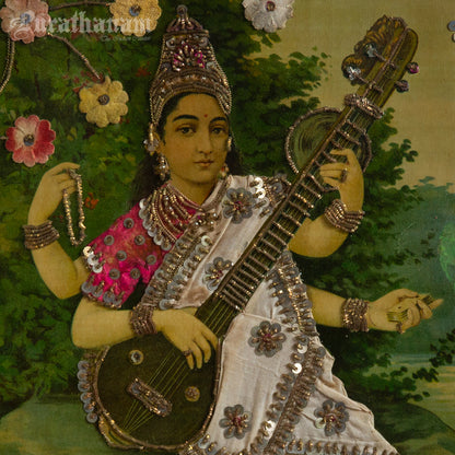 Saraswati by Ravi Varma - Oleograph Print  - Embellished