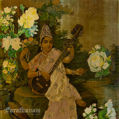 Saraswati by Ravi Varma - Oleograph Print  - Enbellished
