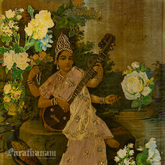 Saraswati by Ravi Varma - Oleograph Print  - Enbellished