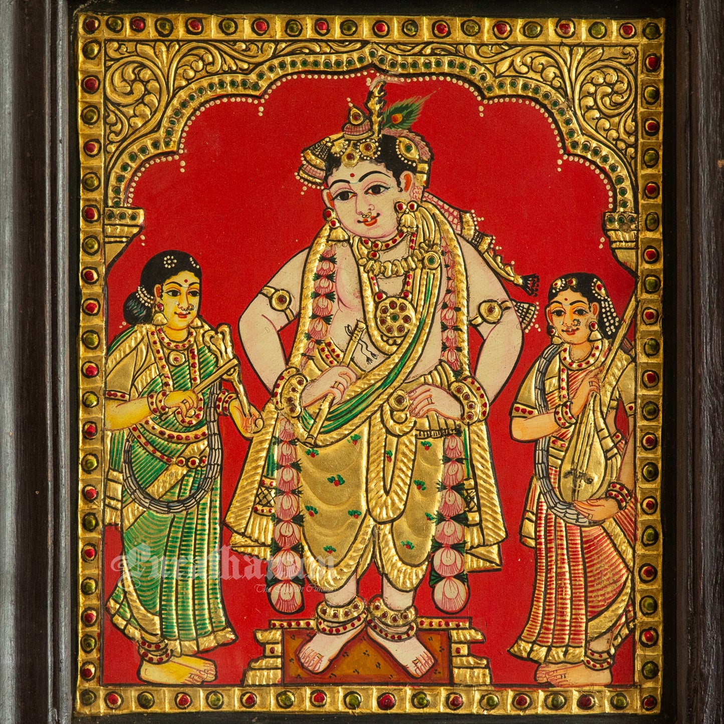 Krishna and his musical attendants - Tanjore Painting