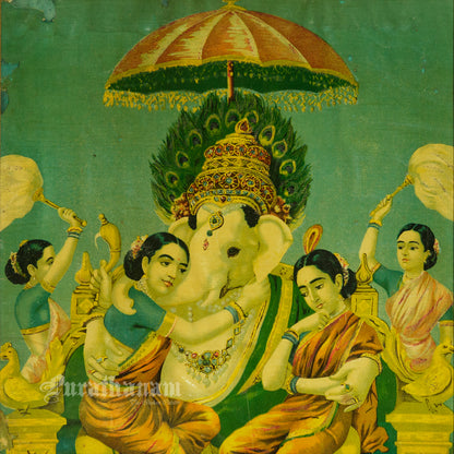 Riddhi Siddhi Ganapati  by Ravi Varma - Oleograph Print