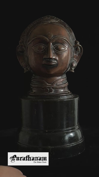 Gauri Head with Wooden Pedestal - Brass