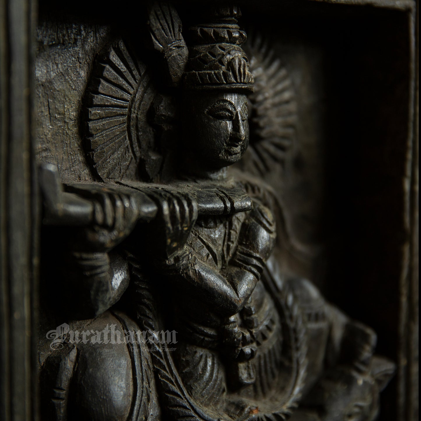 Krishna wood carved wall panel