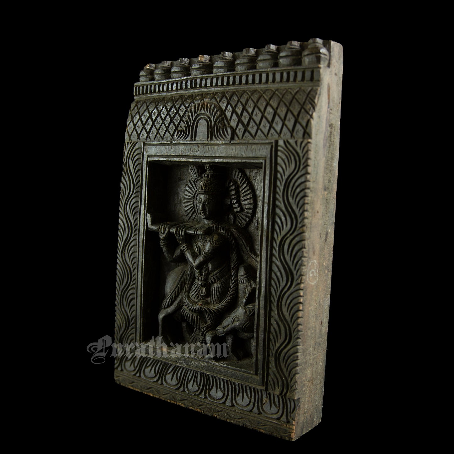 Krishna wood carved wall panel