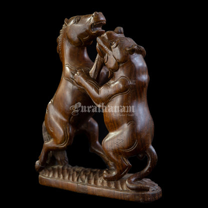 Horse Lion fight Wooden Sculpture- Rose wood (made of single block)