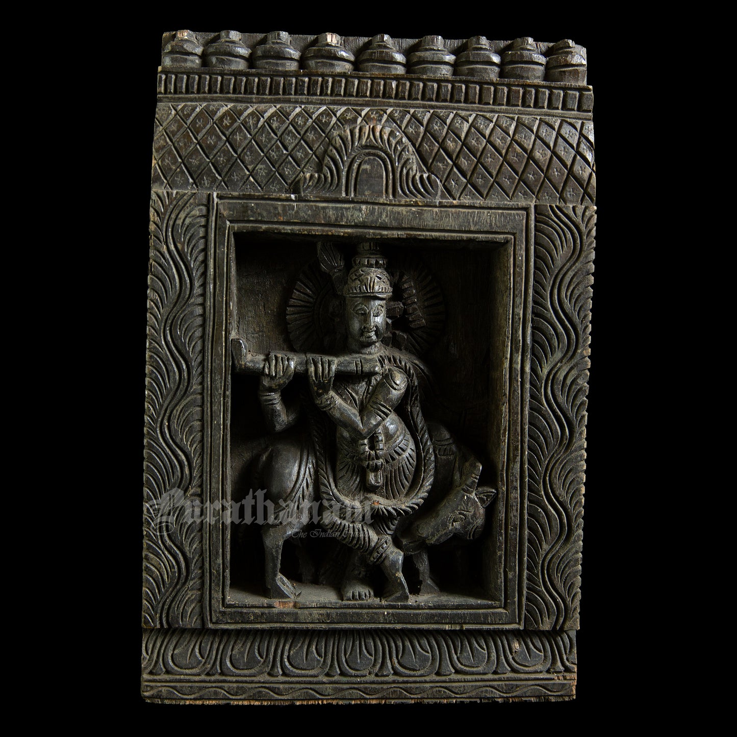 Krishna wood carved wall panel