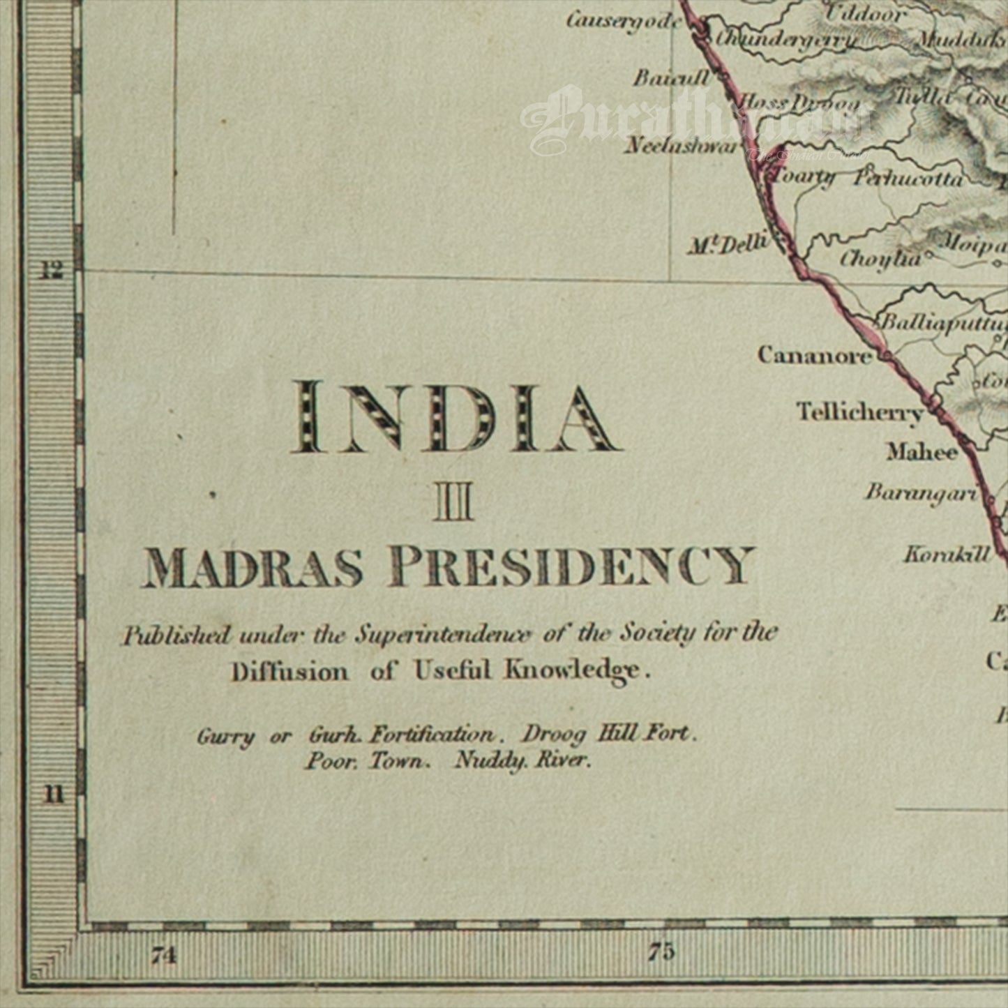 Madras Presidency Map - Black & White Steel Engraving