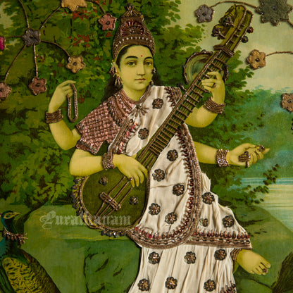 Saraswati by Ravi Varma - Embellished
