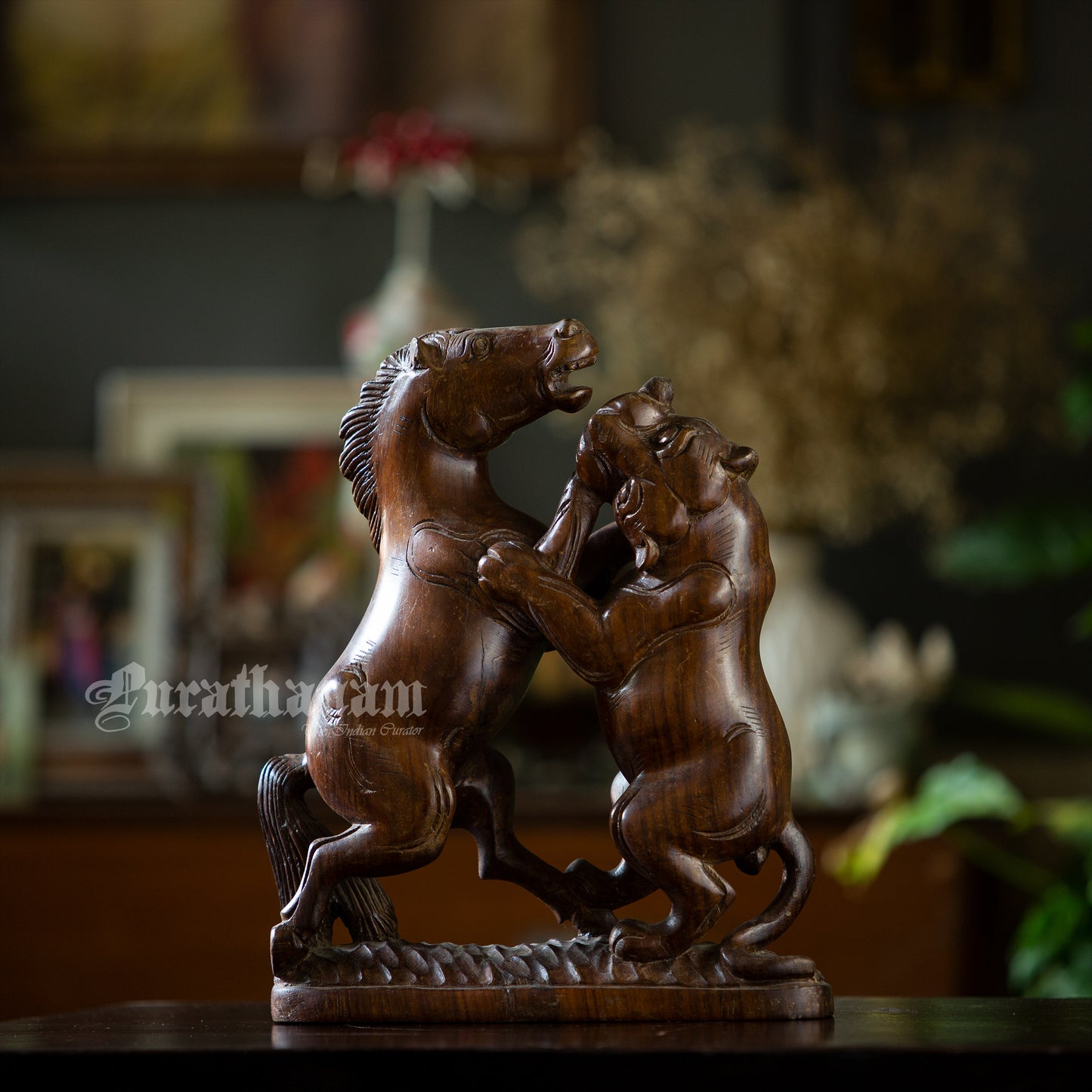 Horse Lion fight Wooden Sculpture- Rose wood (made of single block)