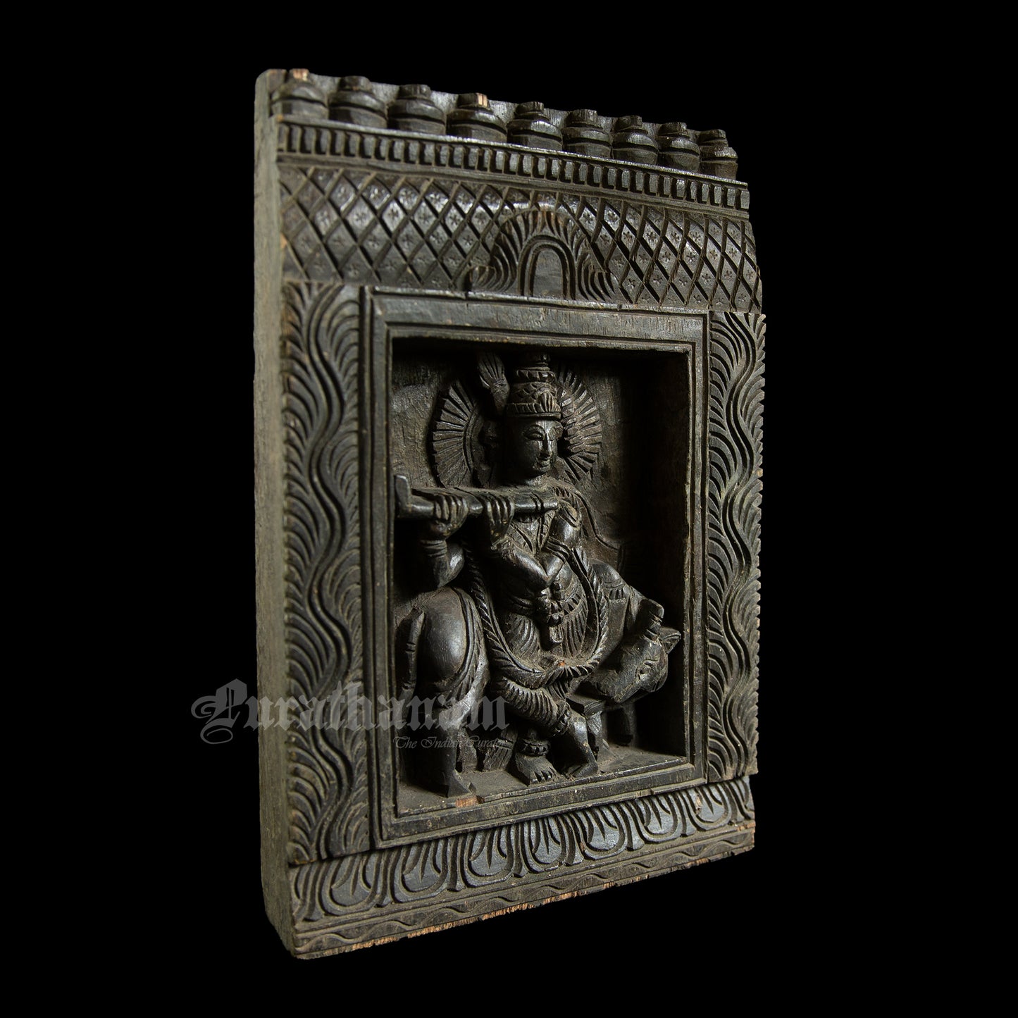 Krishna wood carved wall panel